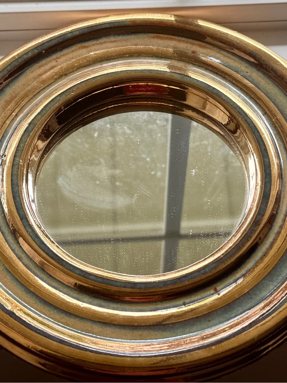 Vintage Julie Larson Studio Gold Luster Mirror 8” Signed Mid-Century Modern